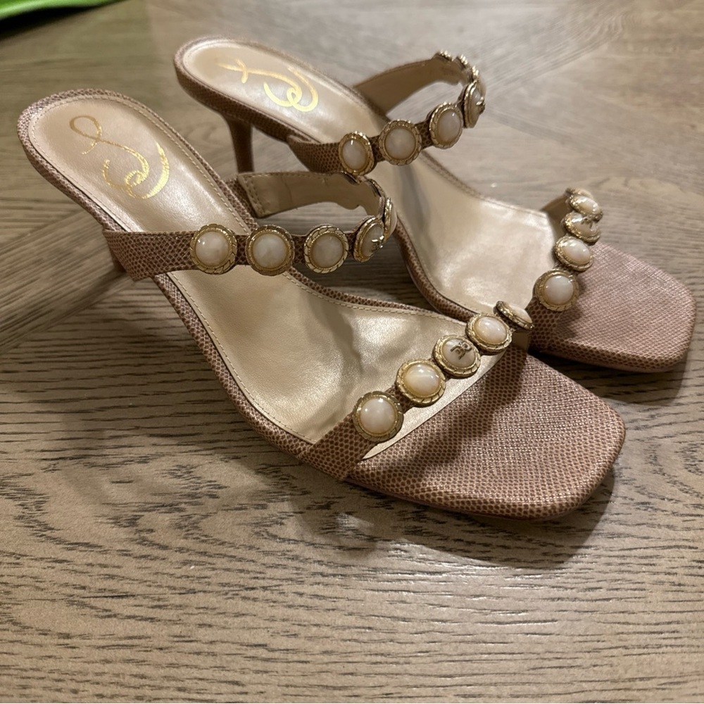 Sam Edelman Palma Kitten Heel Mule Slide Sandals Textured Pearl Beige Nude 9.5